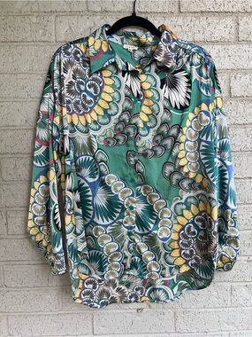 Jodifl button up feather print long sleeve blouse size medium